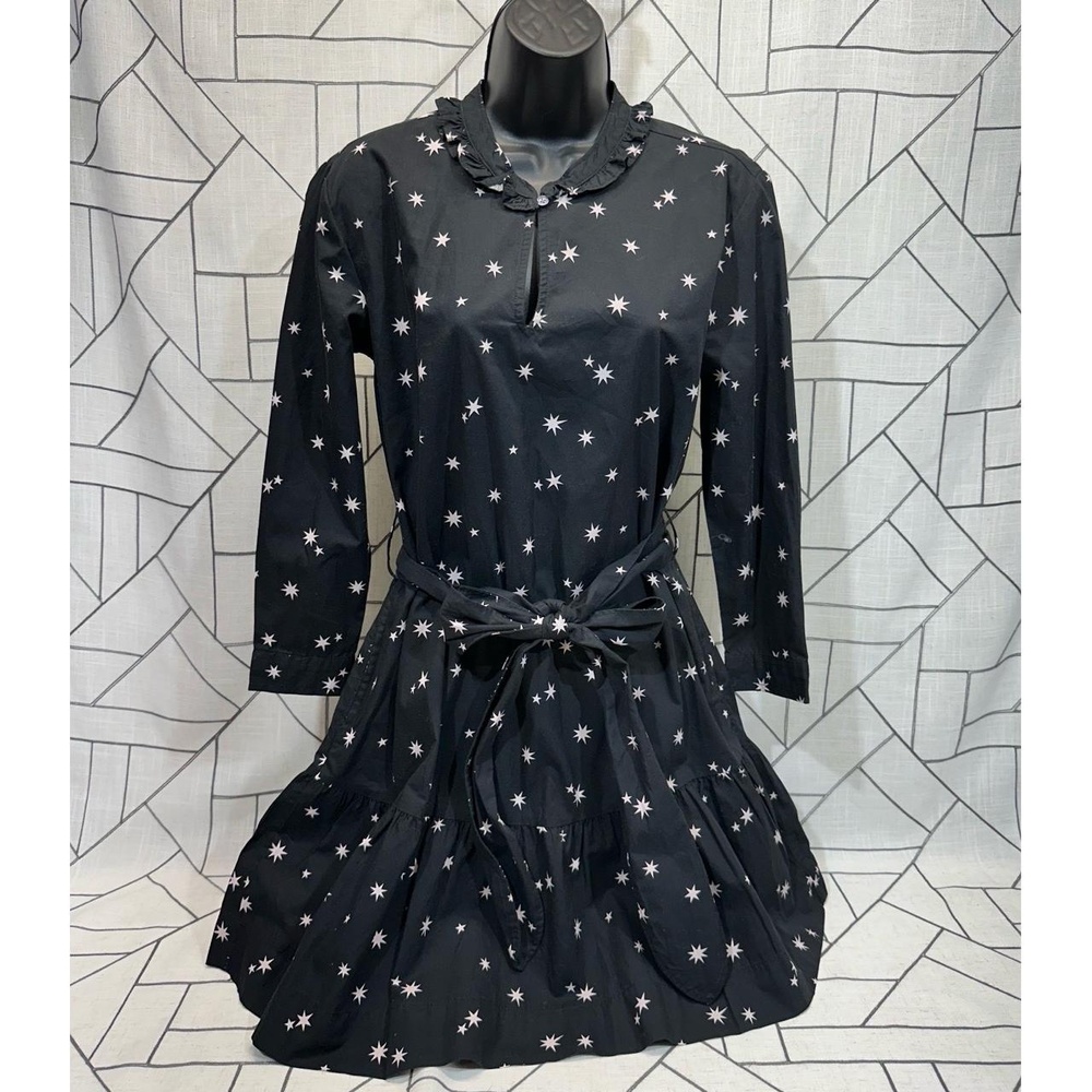 Free Assembly Belted‎ Tiered Dress Pockets Long Sleeve Star Print Black Small